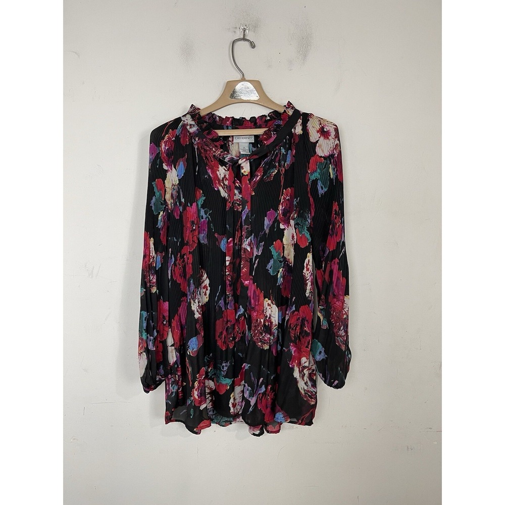Catherines Womens Shirt 1X Dark Floral Gothic Romantic Whimsigoth Office Pleated